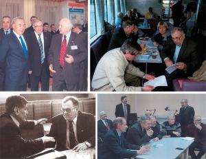  Добрецов, президент Казахстана Назарбаев и академик Г. Н. Кулипанов, в новом Выставочном центре, за развитие которого он отвечал вместе с Главным ученым секретарем членом-корреспондентом, а затем академиком В. М. Фоминым.